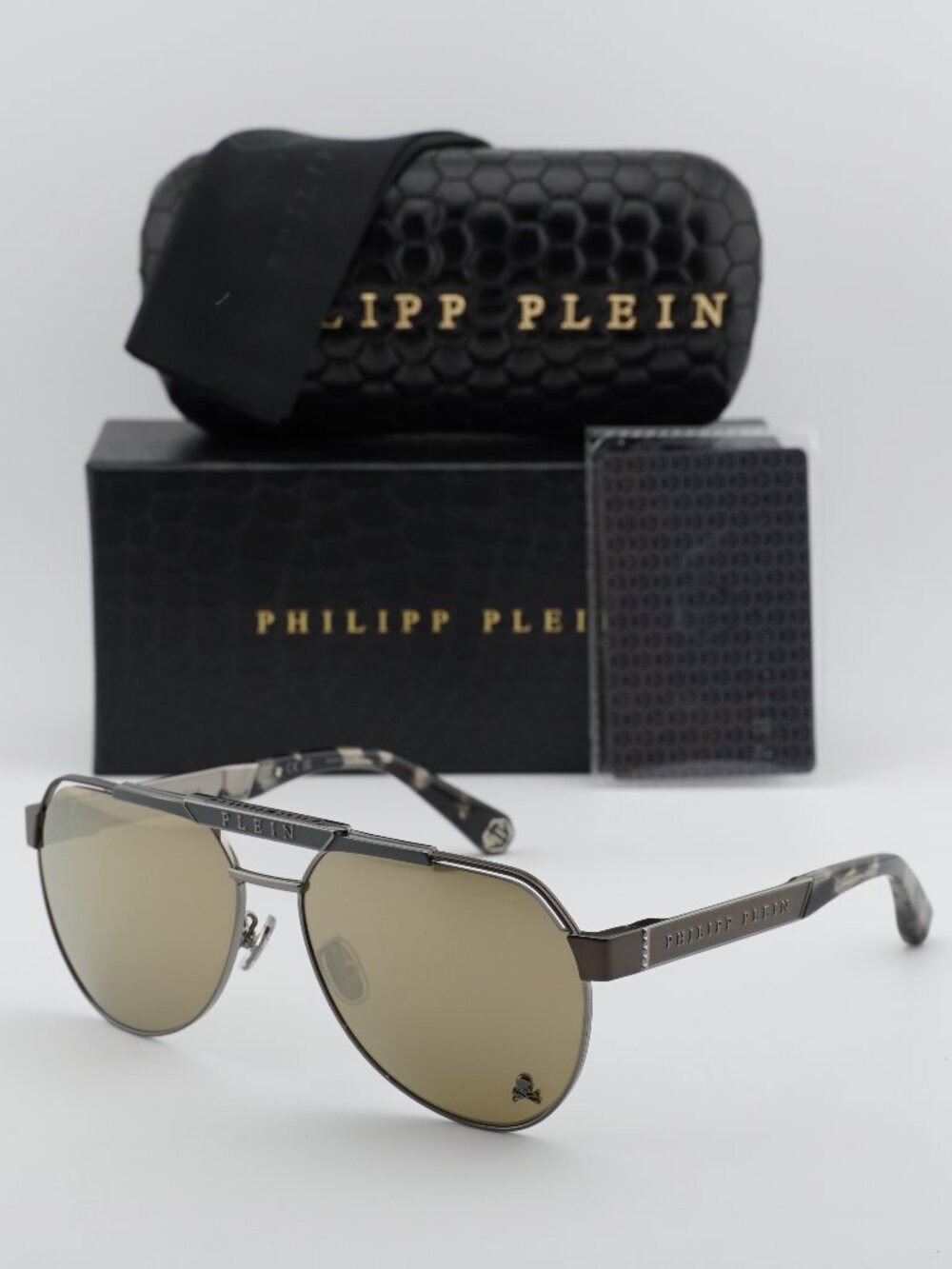 Philipp Plein SPP073M 566G Aviator Sunglasses – Grey / Brown